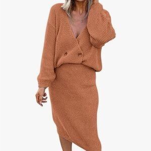 New 2pcs Deep V Neck Knit Sweater Skirt Sets
